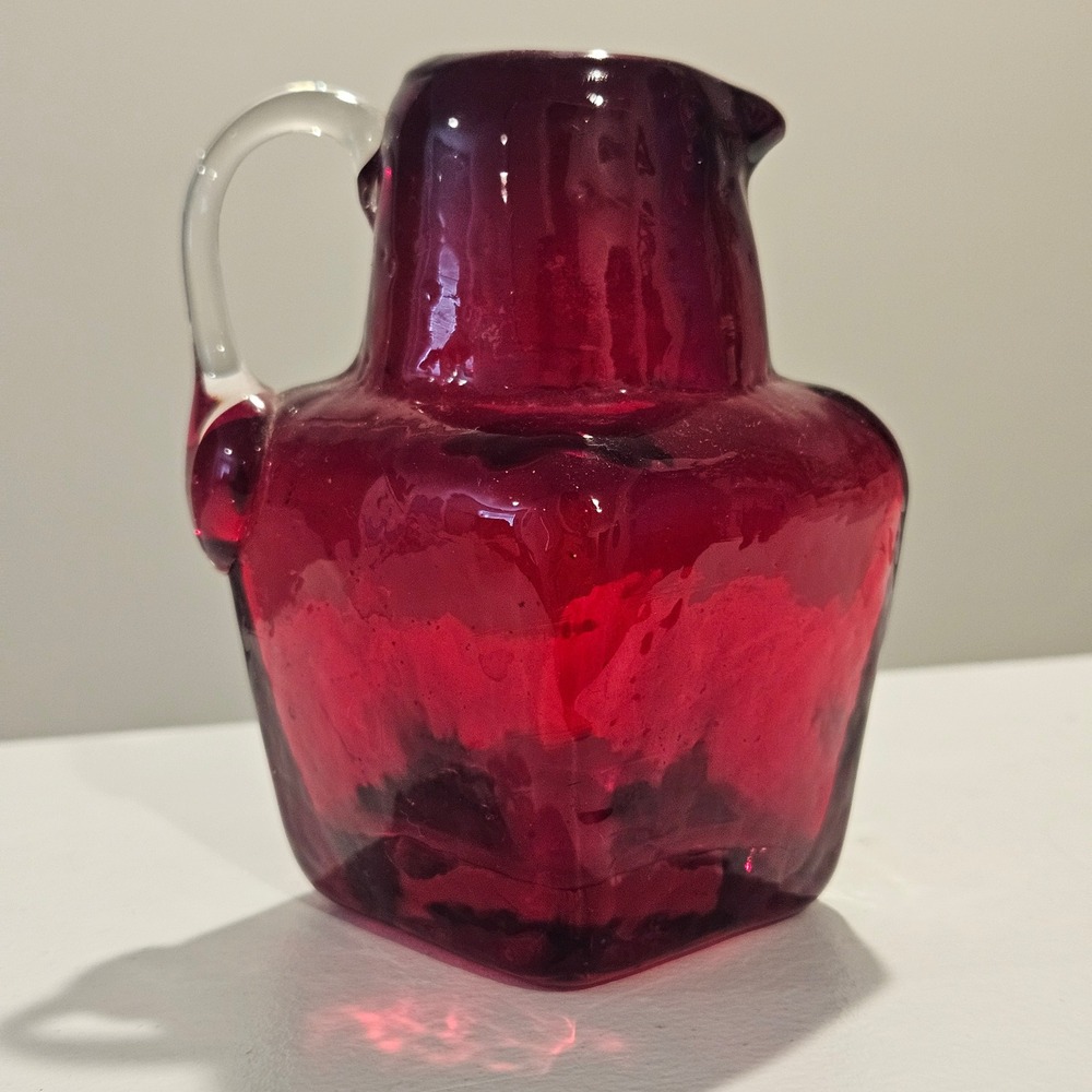Pilgrim Ruby Red Glass Pitcher Creamer Square Hand Blown Vintage 4" Art Glass
